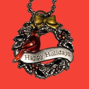 HAPPY HOLIDAYS pendant and chain red cardinal pendant silver tone chain